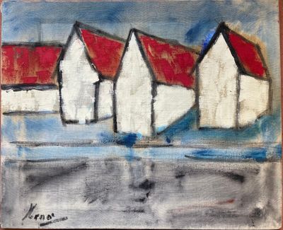 an image of a painting of a row of white houses with red roofs