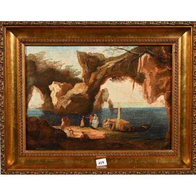 une image représentant un tableau montrant des personnes sur un bateau près d'une grotte