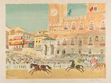 un tableau représentant une course de chevaux au cœur d'une ville