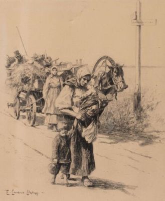 dessin représentant une femme portant un enfant sur le dos, tandis qu'un cheval tire une charrette derrière elle