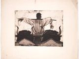 an old picture of a man sitting on top of a boat