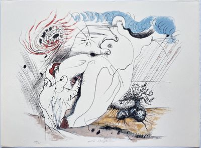drawing of a man and a woman sitting on a beach with a dog
