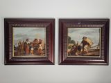 tableau représentant plusieurs tableaux accrochés au mur au-dessus d'un lit