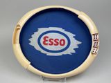 a blue tray with a red and white esso logo on it