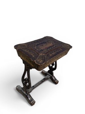 an old wooden table with a carved top on a white background