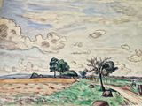 peinture représentant un paysage avec des arbres et une route au premier plan