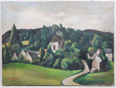une peinture à l'huile représentant un village traversé par une route