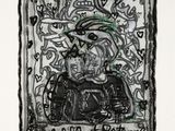 an image of a black and white drawing of a man on a motorcycle