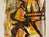 painting of a painting of a man with a guitar on a table
