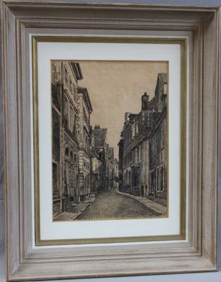 a black and white photo of a city street in a frame