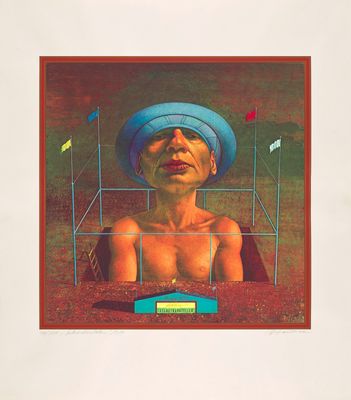 tableau représentant un homme coiffé d'un chapeau bleu, enfermé dans une cage
