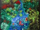 une peinture représentant une peinture d'un étang avec des poissons et des plantes
