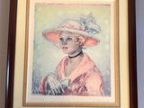 un tableau représentant une femme vêtue d'une robe rose et d'un chapeau