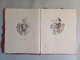 an open book with a drawing of a man sitting on a chair