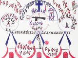 un dessin représentant un groupe de personnes rassemblées autour d'une horloge