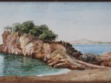 an image of a painting of a rocky beach with a boat in the water