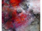 an abstract painting of a red and black painting with a white background