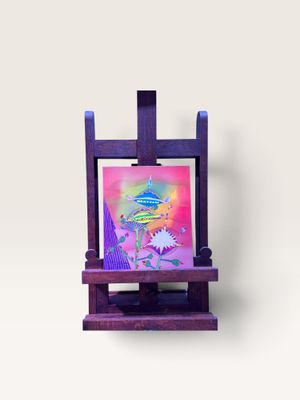 chevalet en bois violet sur lequel est posé un tableau, sur un fond blanc