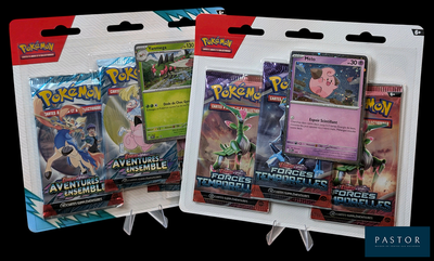 Deux paquets de cartes à collectionner Pokémon sont présentés sur un fond noir