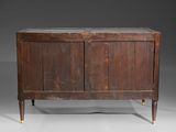 an old wooden cabinet with a glass top on a grey background