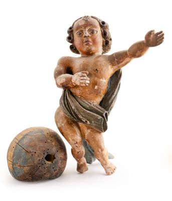 a statue of a child with a ball on a white background