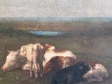 a painting of a cow laying down in a field