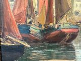 painting of boats in a harbor with buildings in the background