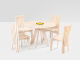 a wooden table with chairs and a bowl of fruit on it