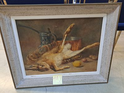 painting of a cat laying on its back on a table