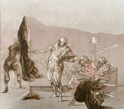 drawing of a man on a horse being pulled by a man on a horse