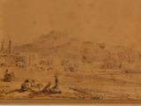 an old picture of a group of people sitting on a beach