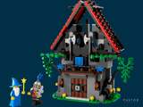 a small lego house with a wizard and a wizard ' s hat on it