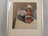 painting of a vase of flowers and a bowl of fruit on a table