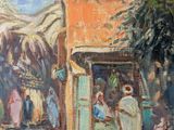 an oil painting of a street scene with people walking down the street