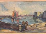 a painting of a man and a woman standing on a pier