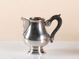 a silver pitcher sitting on a table with a white background