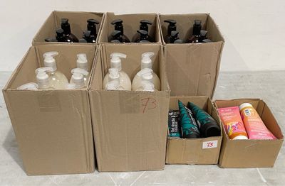 several boxes of hand sanitizers and soaps sitting on a floor