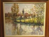 tableau représentant une scène fluviale avec une église au loin