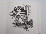 an open book with a black and white drawing of a person on a skateboard