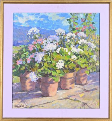 une peinture à l'huile représentant des fleurs en pot sur une terrasse