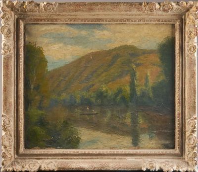 an oil painting of a river scene with a mountain in the background