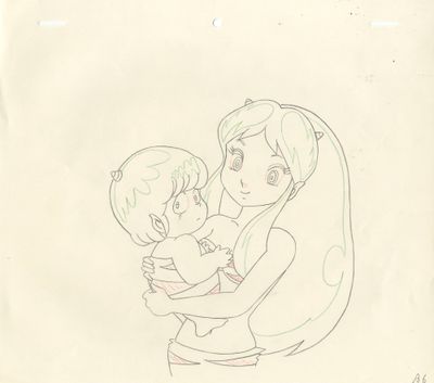 dessin de bande dessinée représentant une femme tenant un enfant dans ses bras