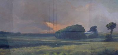 a painting of a field with trees in the distance