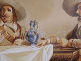 two men sitting at a table with a pitcher and a glass