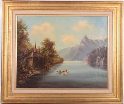 une image représentant un tableau où l'on voit un bateau sur un lac, avec des montagnes en arrière-plan