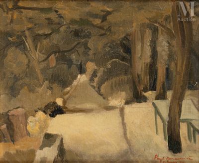 tableau représentant une femme assise sur un banc dans un parc enneigé