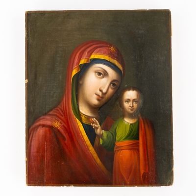 une peinture représentant une femme tenant un enfant dans ses bras