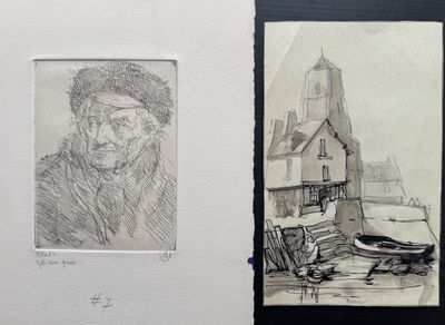 deux dessins représentant un homme coiffé d'un chapeau et un bateau sur l'eau