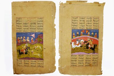Deux folios d’un manuscrit du Shahnameh de Ferdowsi, Cachemi… - Photo 1