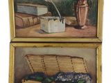 two paintings of books, a vase, and a pen on a table